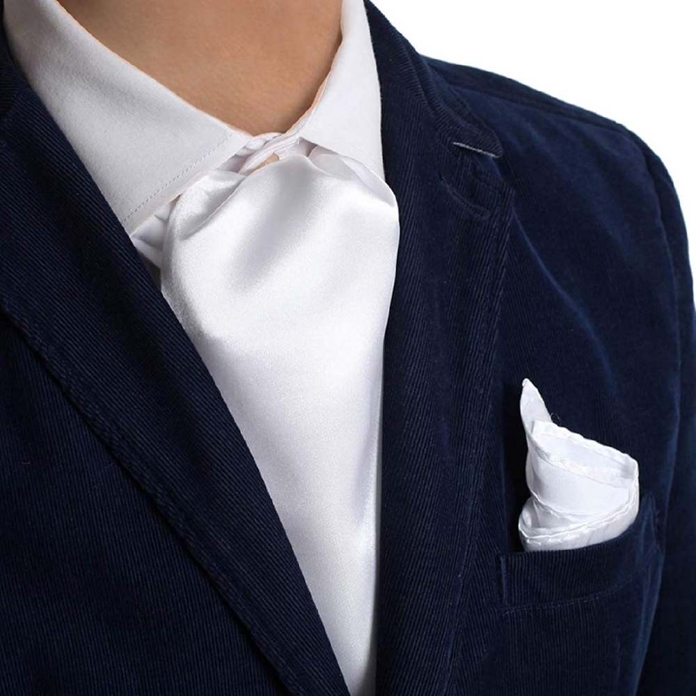 Mens Solid Color Ascot & Pocket Square Set White
